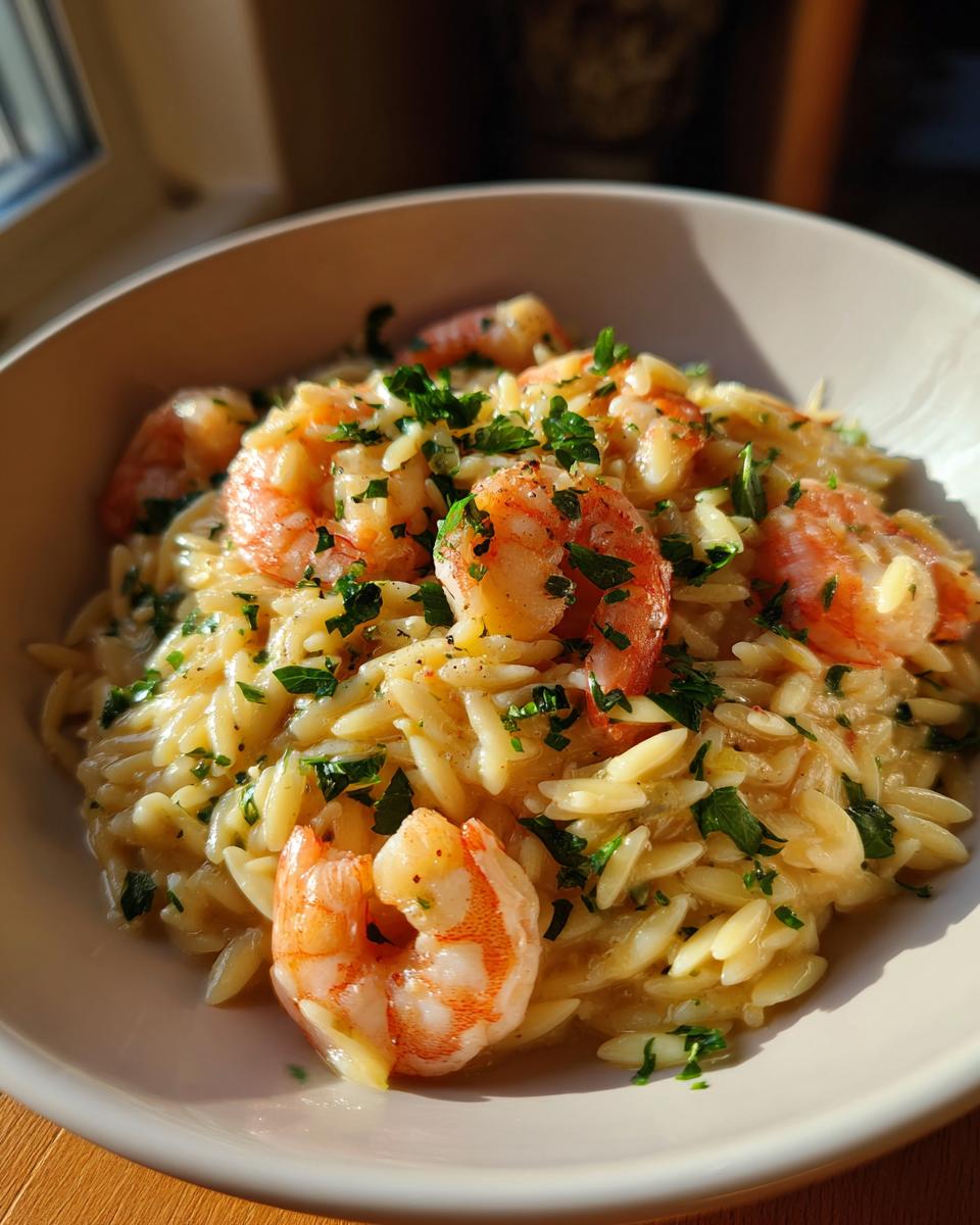 A close-up of shrimp orzo in lemon garlic sauce, garnished with fresh parsley.