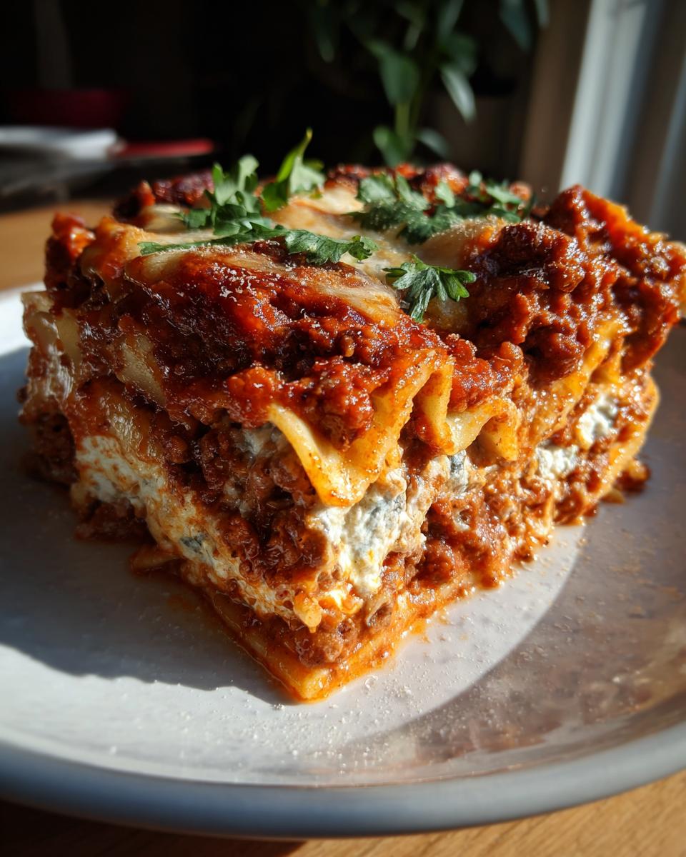 A generous slice of slow cooker lasagna with rich meat sauce and creamy cheese layers, garnished with fresh parsley.