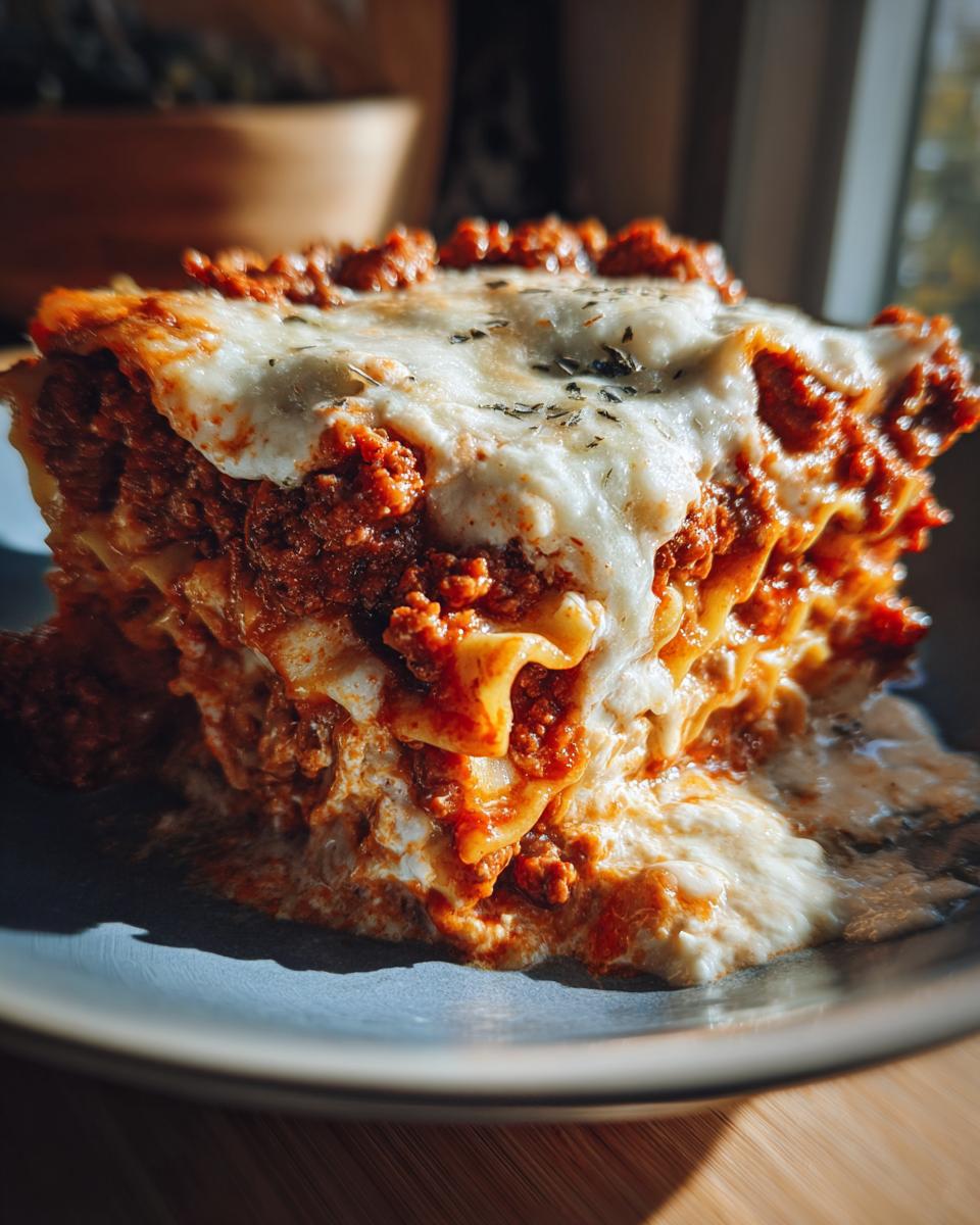 A close-up, mouth-watering slice of slow cooker lasagna with layers of pasta, rich meat sauce, and melted cheese.