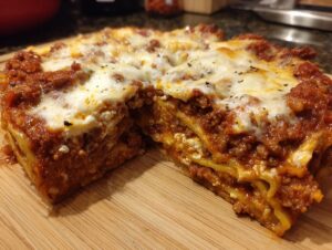 A close-up of a slice of slow cooker lasagna, showcasing layers of pasta, meat sauce, and melted cheese.