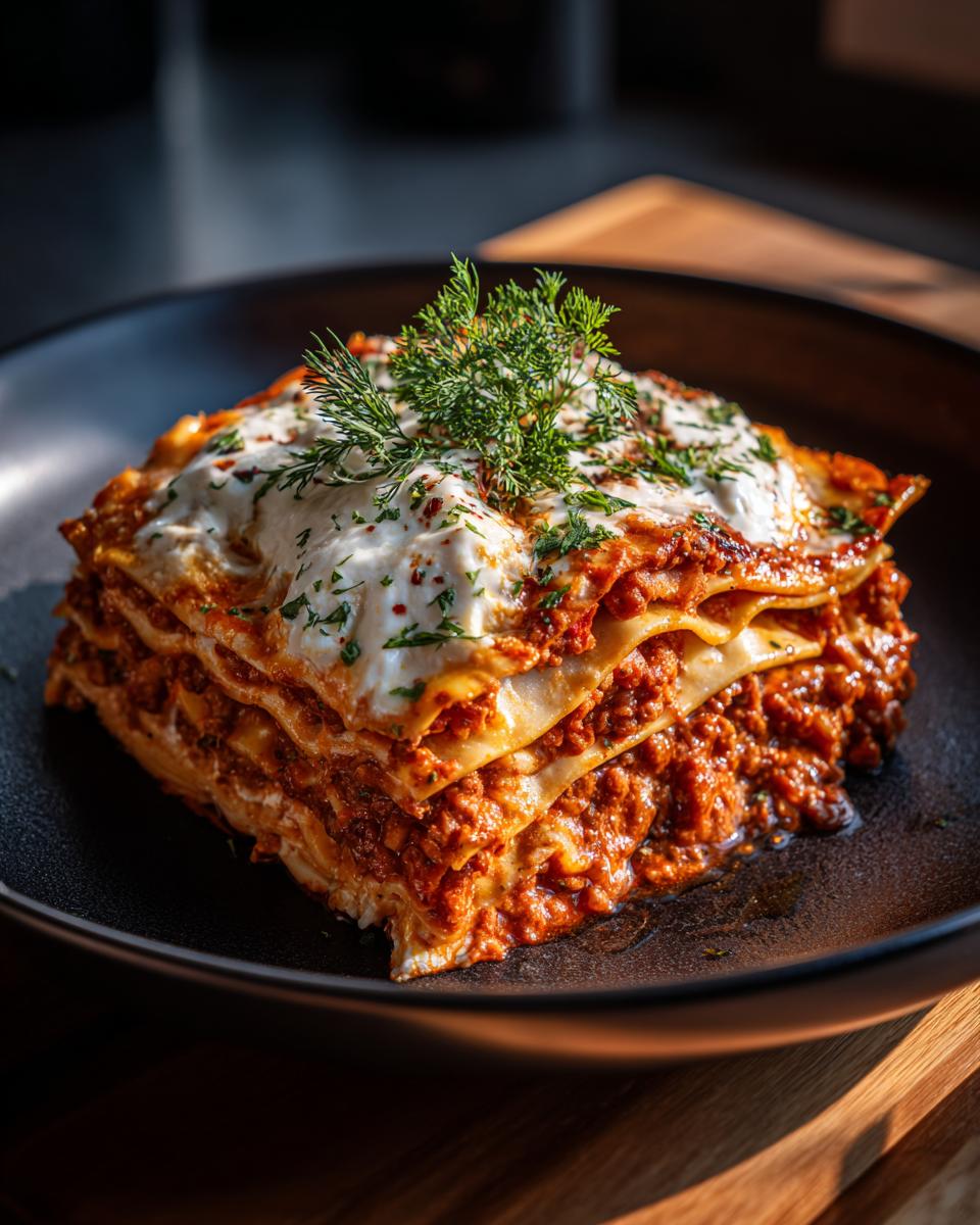 A hearty slice of slow cooker lasagna, layered with pasta, rich meat sauce, and creamy cheese, topped with fresh herbs.