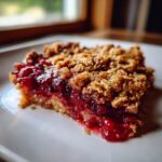 A close-up of a delicious sour cherry crisp slice on a white plate, showing the crisp topping and juicy cherry filling.