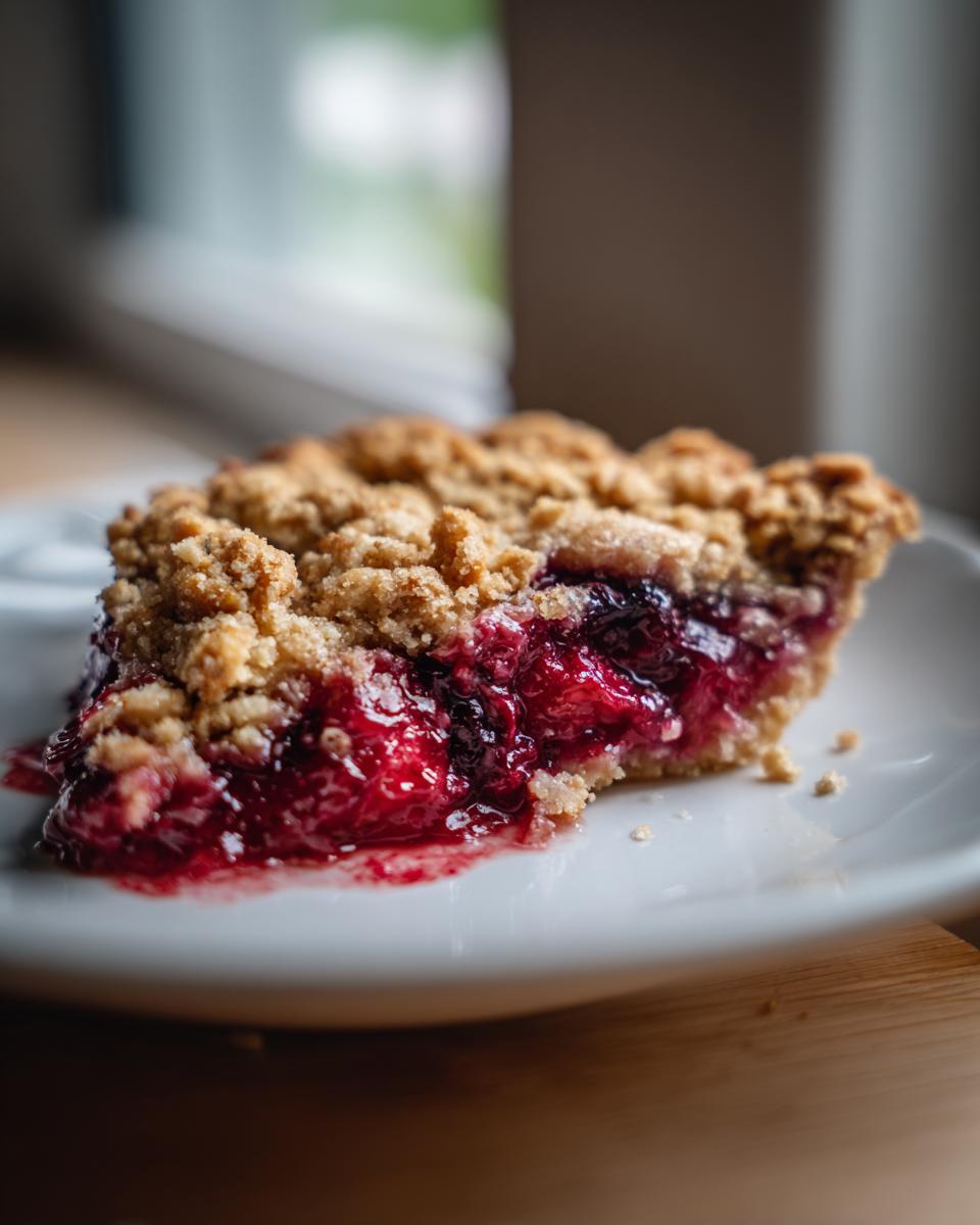 A close-up of a slice of sour cherry crisp on a white plate, showcasing the juicy cherry filling and crumb topping.