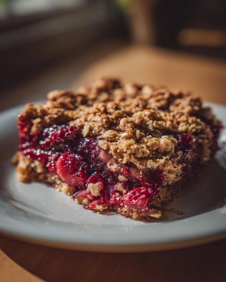 A close-up of a slice of sour cherry crisp on a white plate, showing the juicy cherry filling and crunchy oat topping.