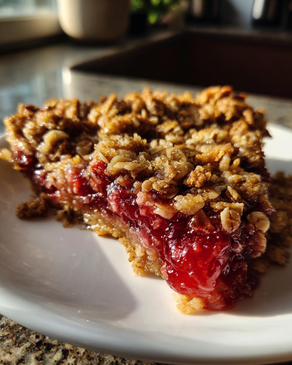 A close-up view of a slice of sour cherry crisp with a golden oat topping and a vibrant red cherry filling.