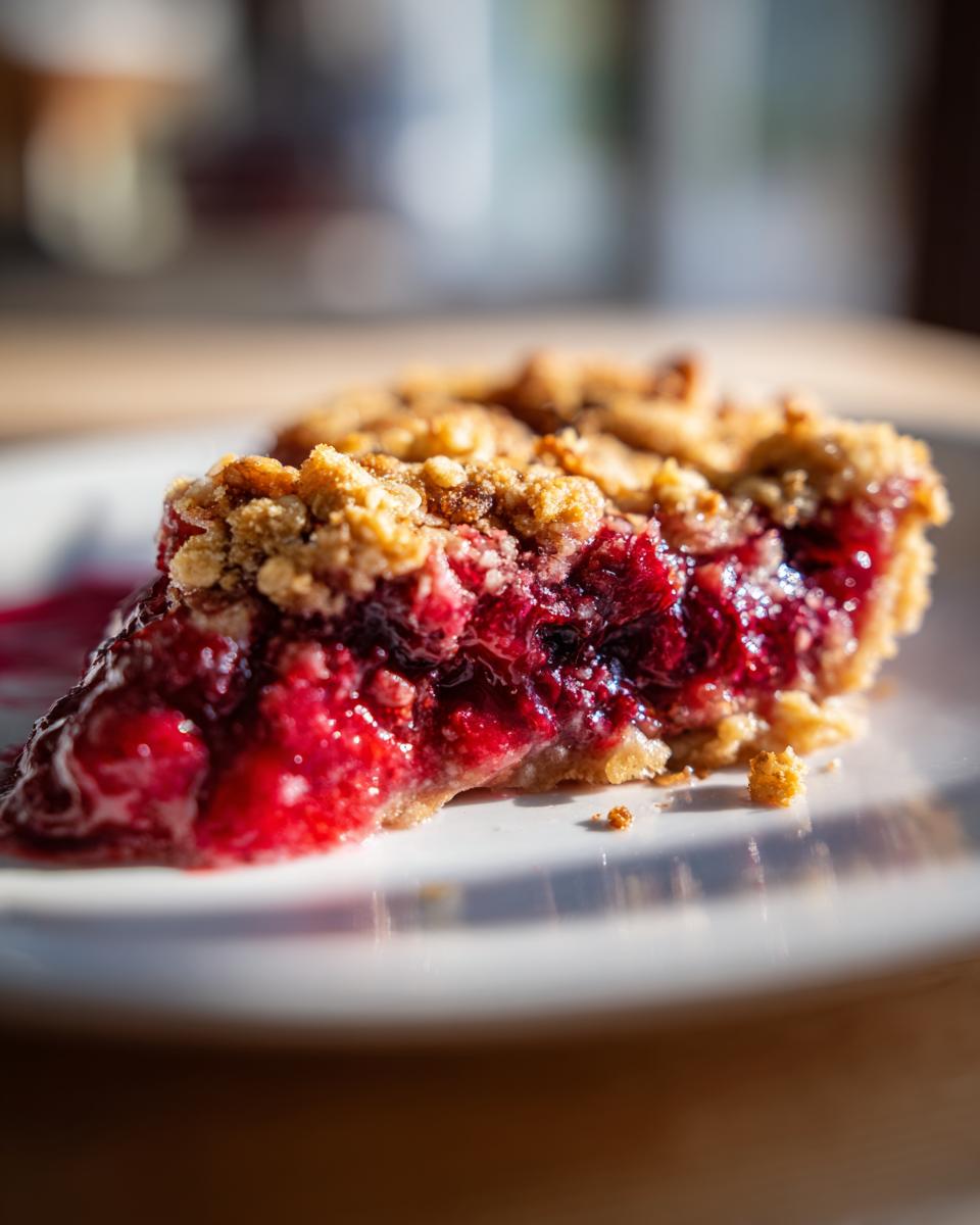 Close-up of a slice of sour cherry crisp on a white plate, showing the juicy cherry filling and crumb topping.