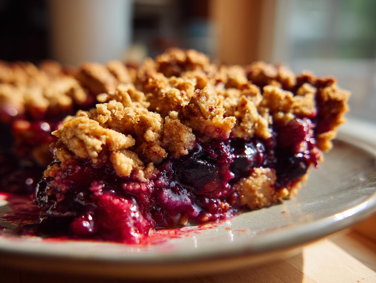 Close-up of a slice of sour cherry crisp with a golden crumble topping and bubbling berry filling.
