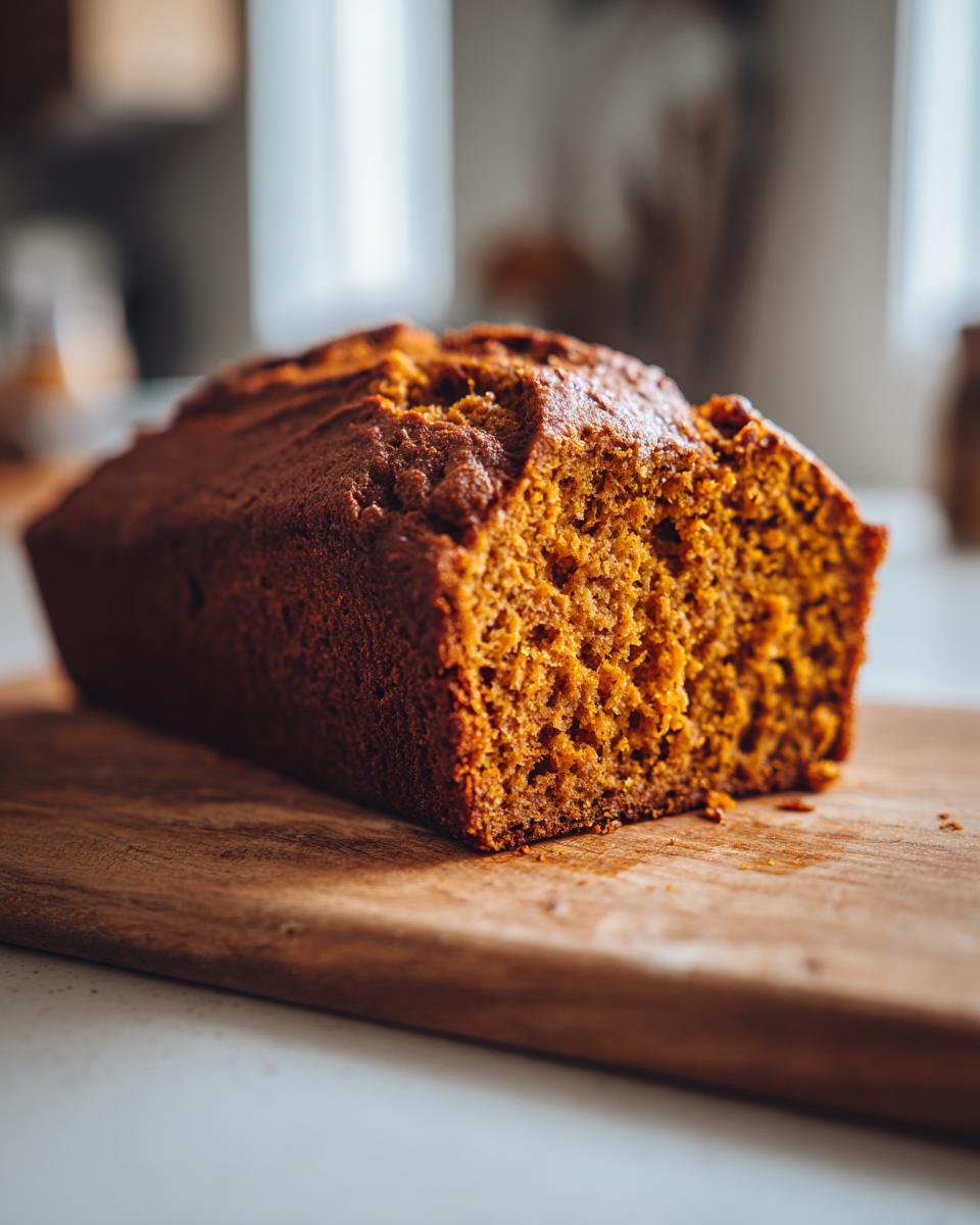 A close-up of a freshly baked sourdough pumpkin bread loaf on a wooden cutting board. The bread has a rich, golden-brown crust and a moist, airy crumb.