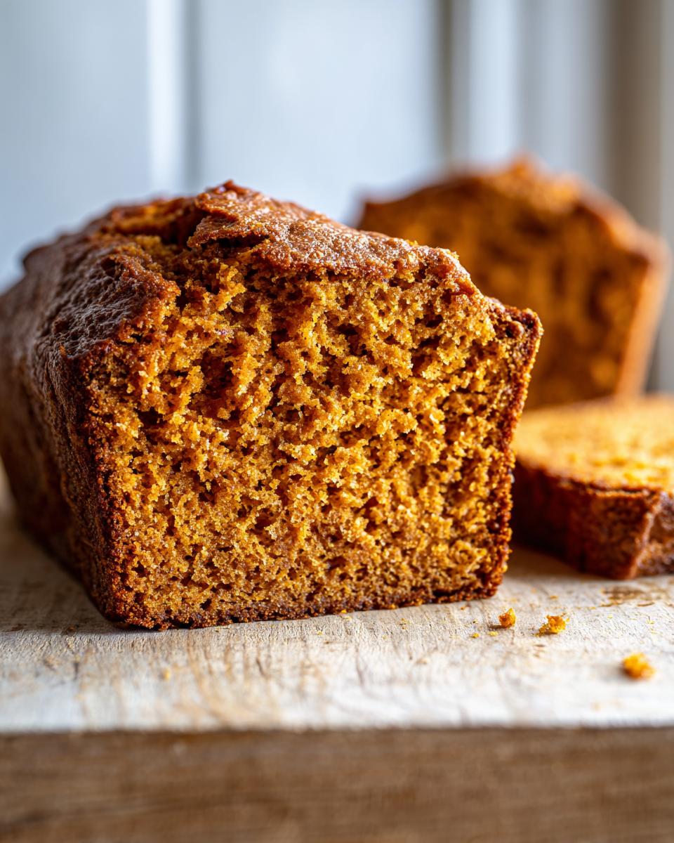 Close-up of a moist sourdough pumpkin bread loaf, showing its tender crumb and golden-brown crust.