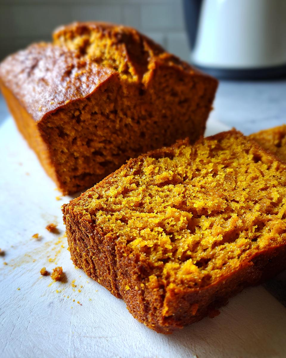 Close-up of a sliced loaf of moist sourdough pumpkin bread on a white surface.