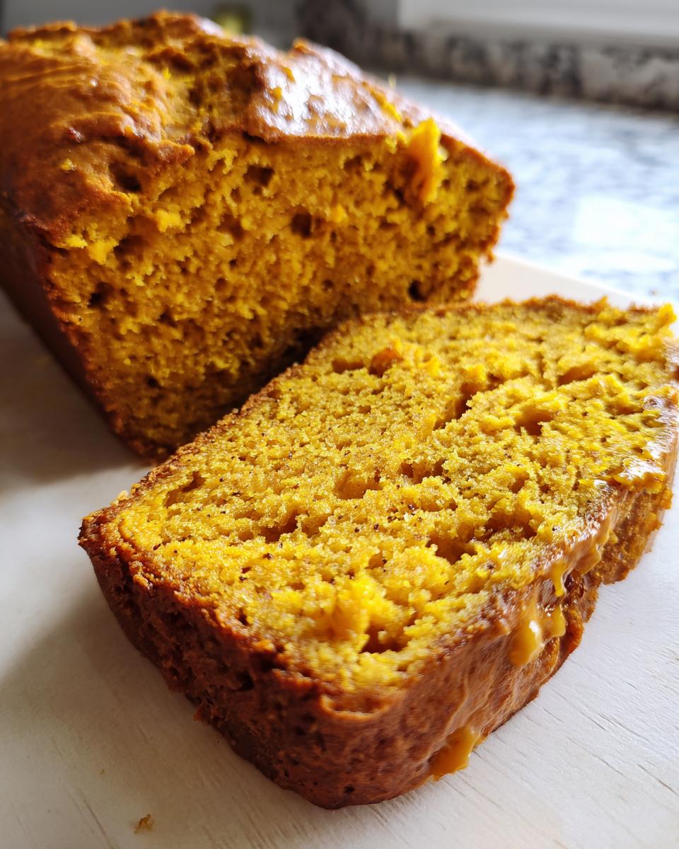 A close-up shot of a slice of moist sourdough pumpkin bread, showcasing its vibrant orange hue and tender crumb.