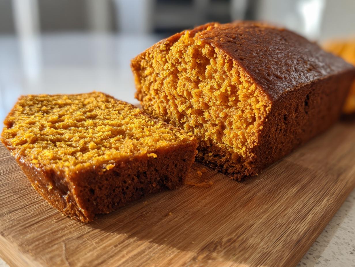 A close-up of a slice of moist sourdough pumpkin bread on a wooden cutting board.