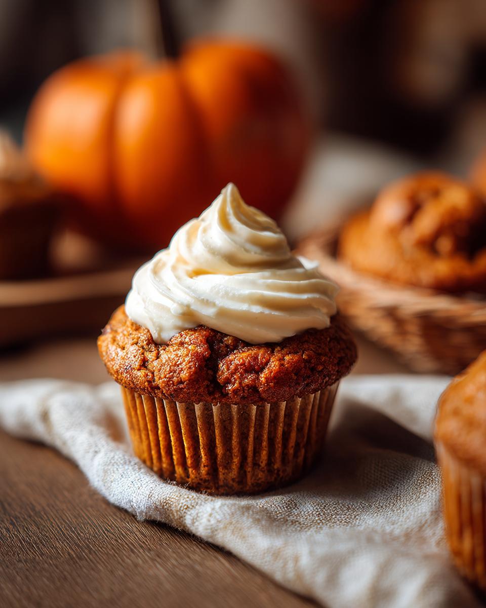 A close-up of a Starbucks pumpkin cream cheese muffin, topped with swirls of cream cheese frosting.