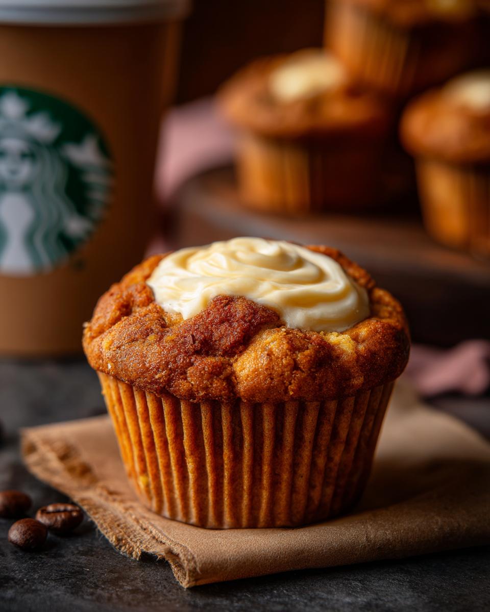 Close-up of a Starbucks pumpkin cream cheese muffin topped with cream cheese frosting.