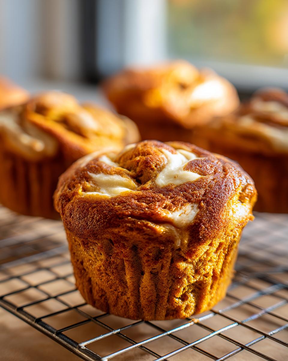 Close-up of a Starbucks pumpkin cream cheese muffin on a cooling rack, showing the swirl of cream cheese on top.