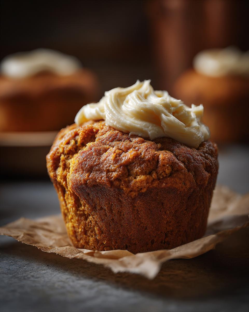 A close-up of a Starbucks pumpkin cream cheese muffin, topped with swirls of cream cheese frosting.