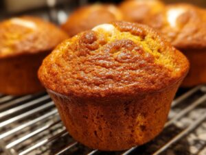 Close-up of a golden-brown Starbucks pumpkin cream cheese muffin on a cooling rack.