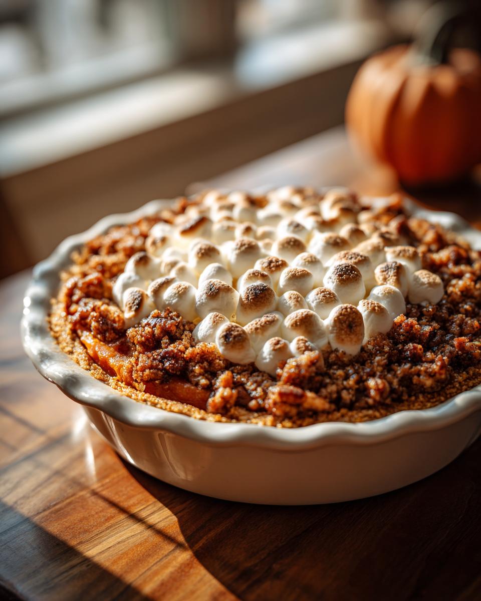 Close-up of a baked sweet potato casserole topped with toasted marshmallows and a pecan crumble.