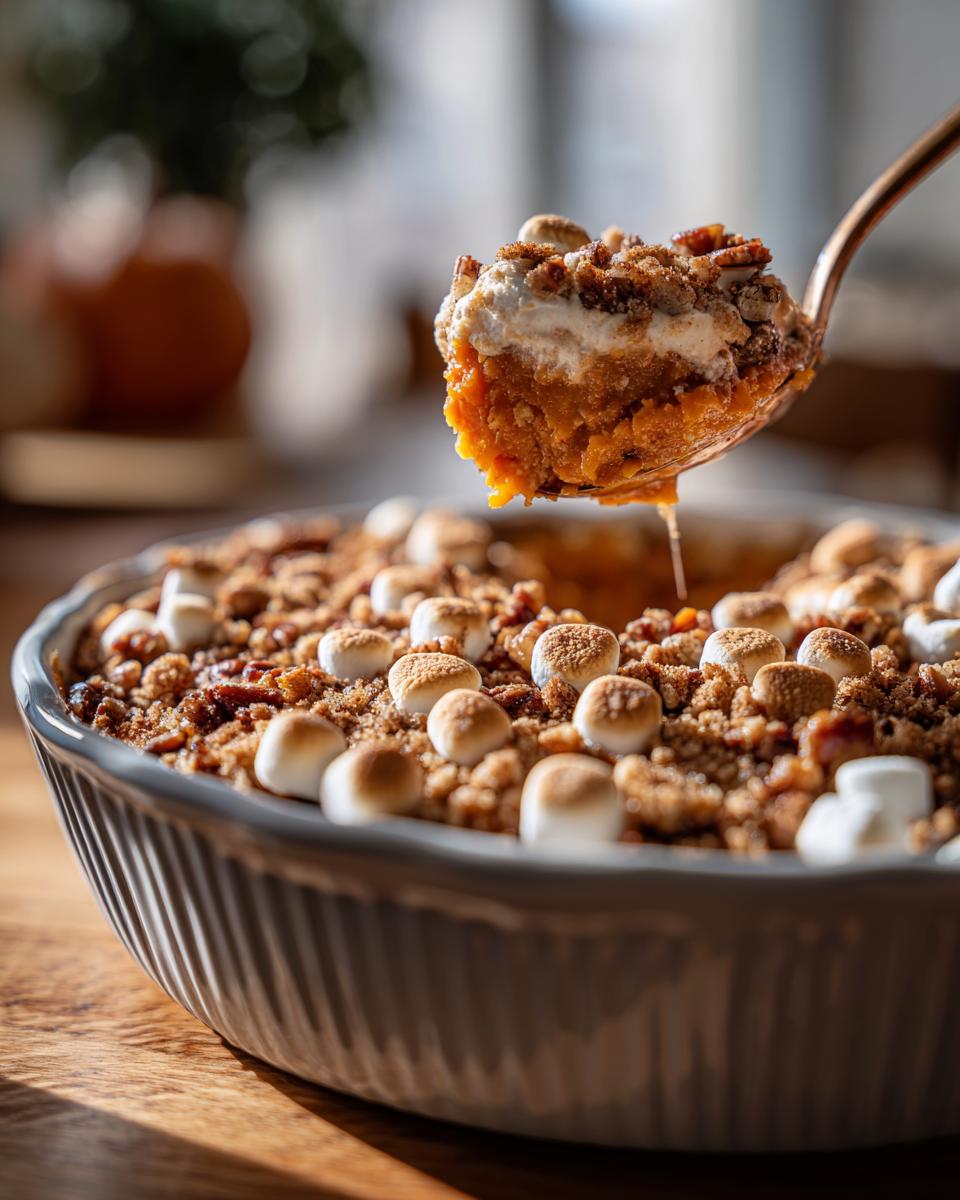 A spoonful of sweet potato casserole with marshmallows, pecans, and a creamy topping.