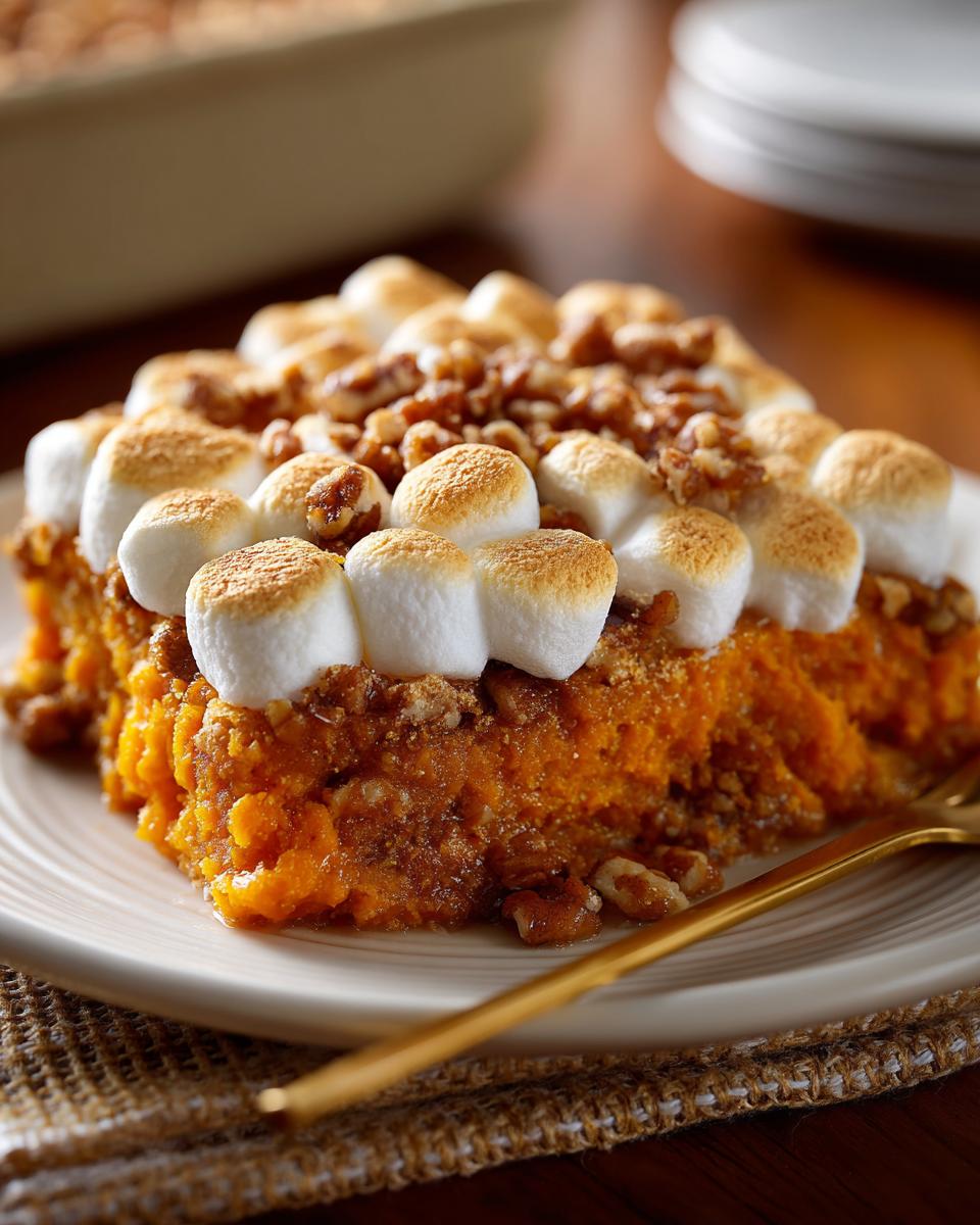 A slice of sweet potato casserole topped with toasted marshmallows and chopped pecans on a white plate.