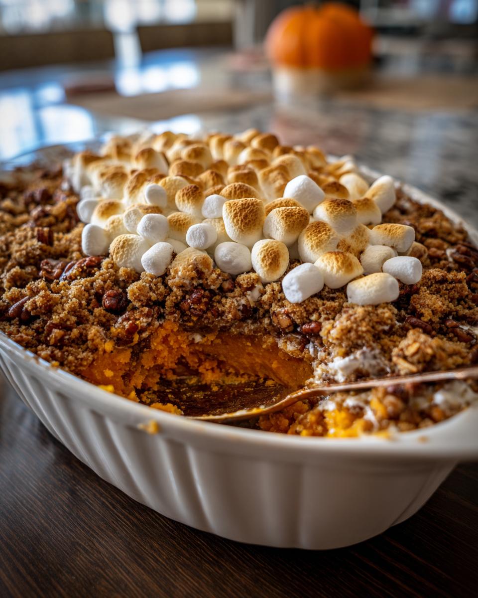 A close-up of a sweet potato casserole topped with toasted marshmallows and a crunchy pecan streusel.
