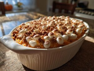 Close-up of a baked sweet potato casserole topped with toasted marshmallows and a crumb topping.