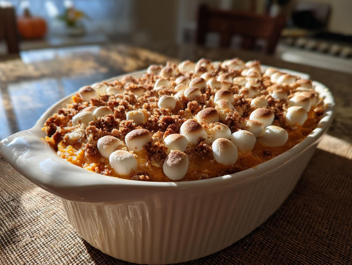 Close-up of a baked sweet potato casserole topped with toasted marshmallows and a crumb topping.
