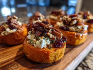 Close-up of elegant sweet potato rounds topped with creamy goat cheese, dried cranberries, pecans, and herbs.