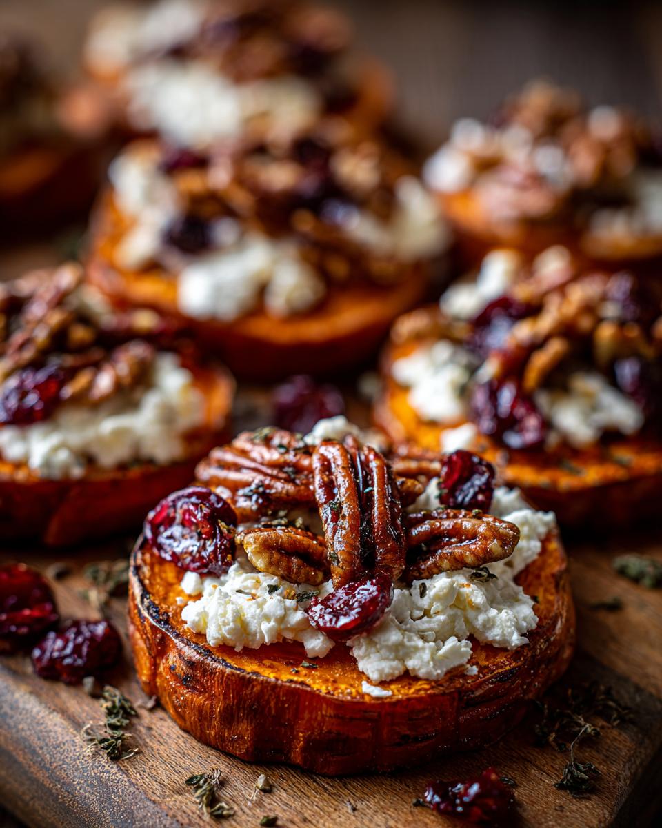Close-up of sweet potato rounds topped with creamy goat cheese, dried cranberries, and pecans.