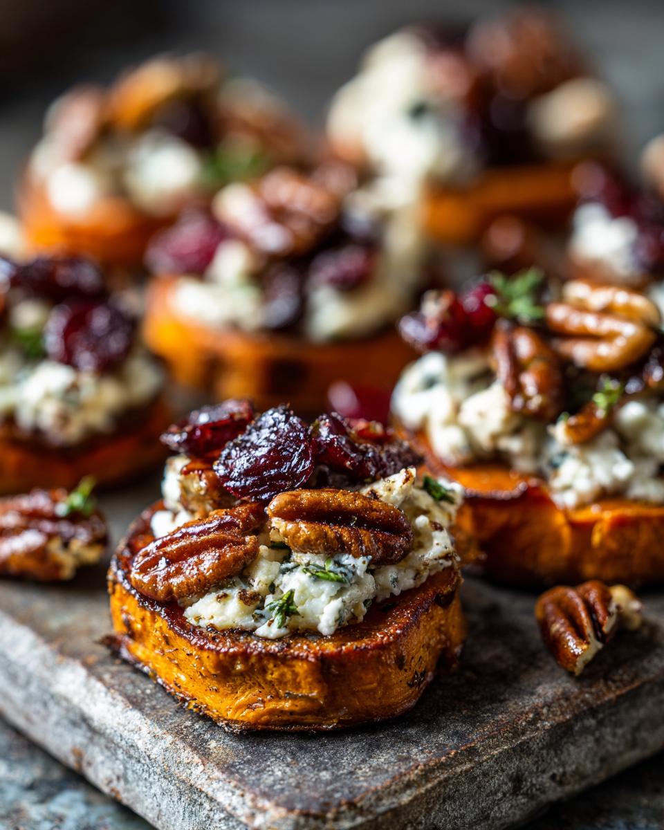 Close-up of sweet potato rounds topped with creamy goat cheese, dried cranberries, and crunchy pecans.