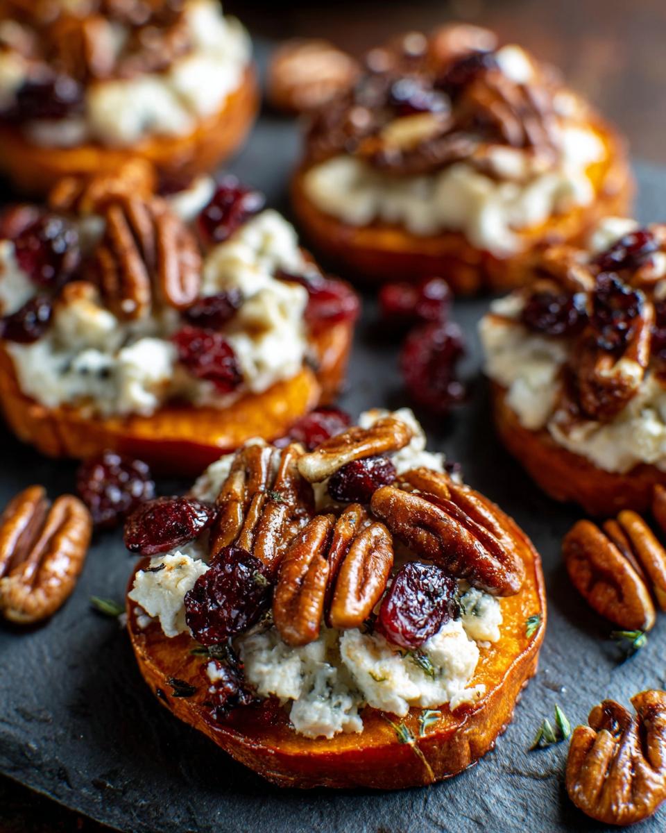 Close-up of sweet potato rounds topped with creamy goat cheese, dried cranberries, and toasted pecans.