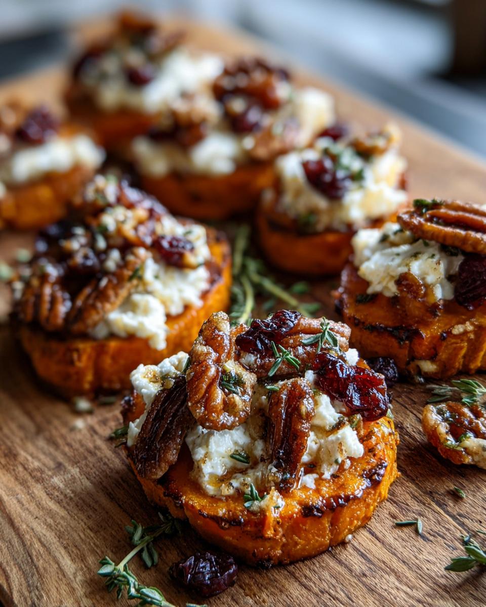 Close-up of elegant sweet potato rounds topped with creamy goat cheese, crunchy pecans, and dried cranberries.