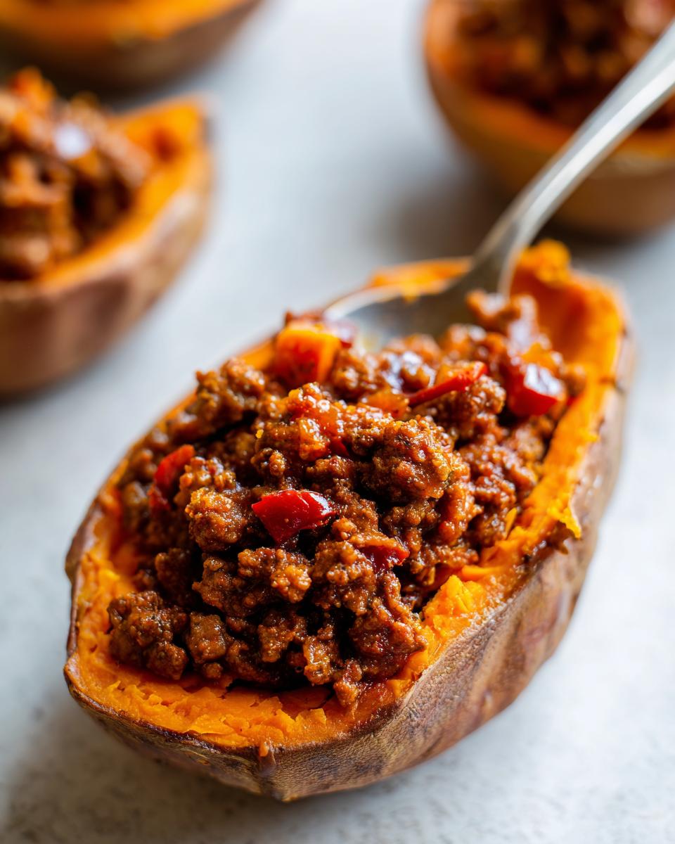 Close-up of a baked sweet potato half filled with savory sweet potato sloppy joes mixture and a spoon.