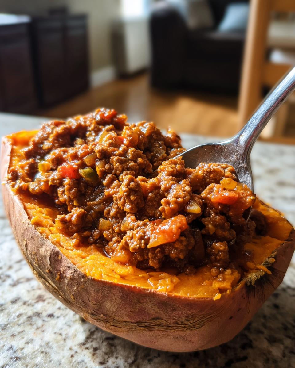 A baked sweet potato split open and filled with savory ground meat and vegetable mixture, representing sweet potato sloppy joes.