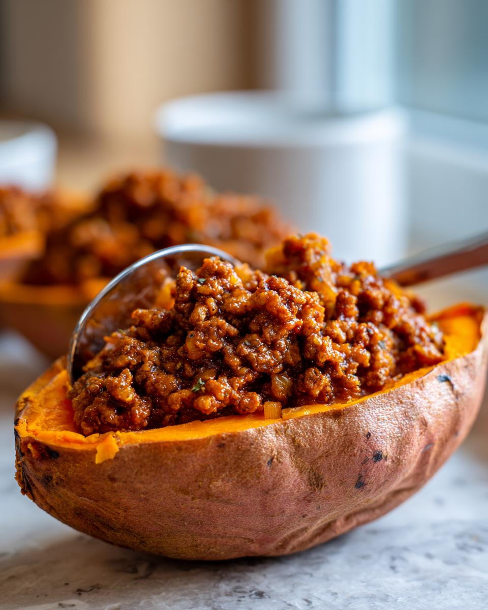 A close-up shot of a baked sweet potato half filled with savory sweet potato sloppy joes mixture.