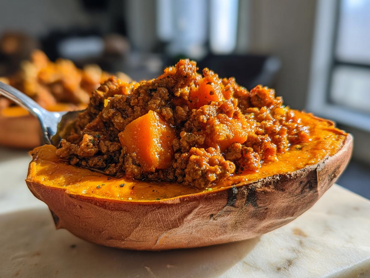 A close-up of a baked sweet potato half filled with savory sweet potato sloppy joes mixture.