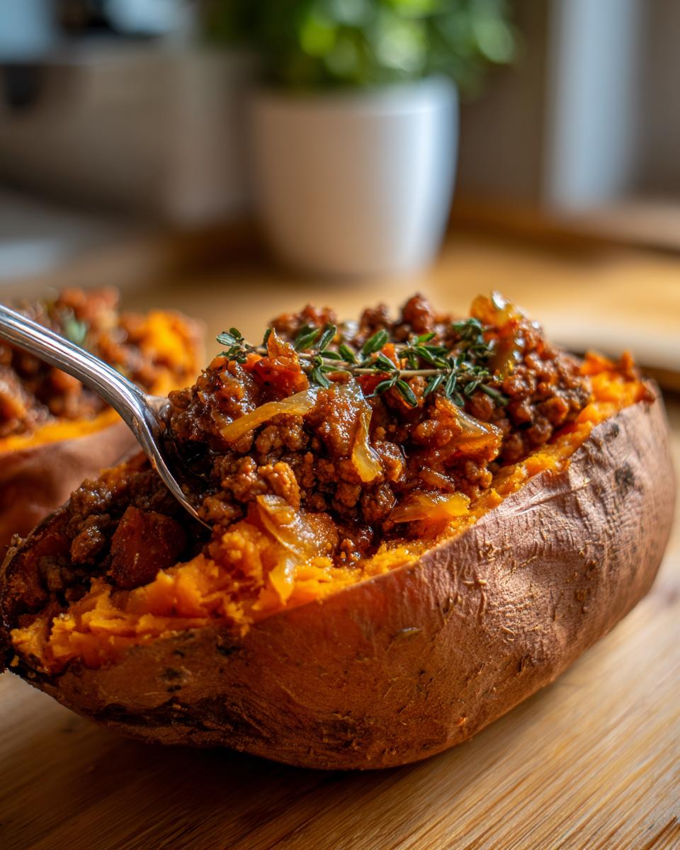 Close-up of a baked sweet potato stuffed with savory ground meat mixture, a fork digging in.