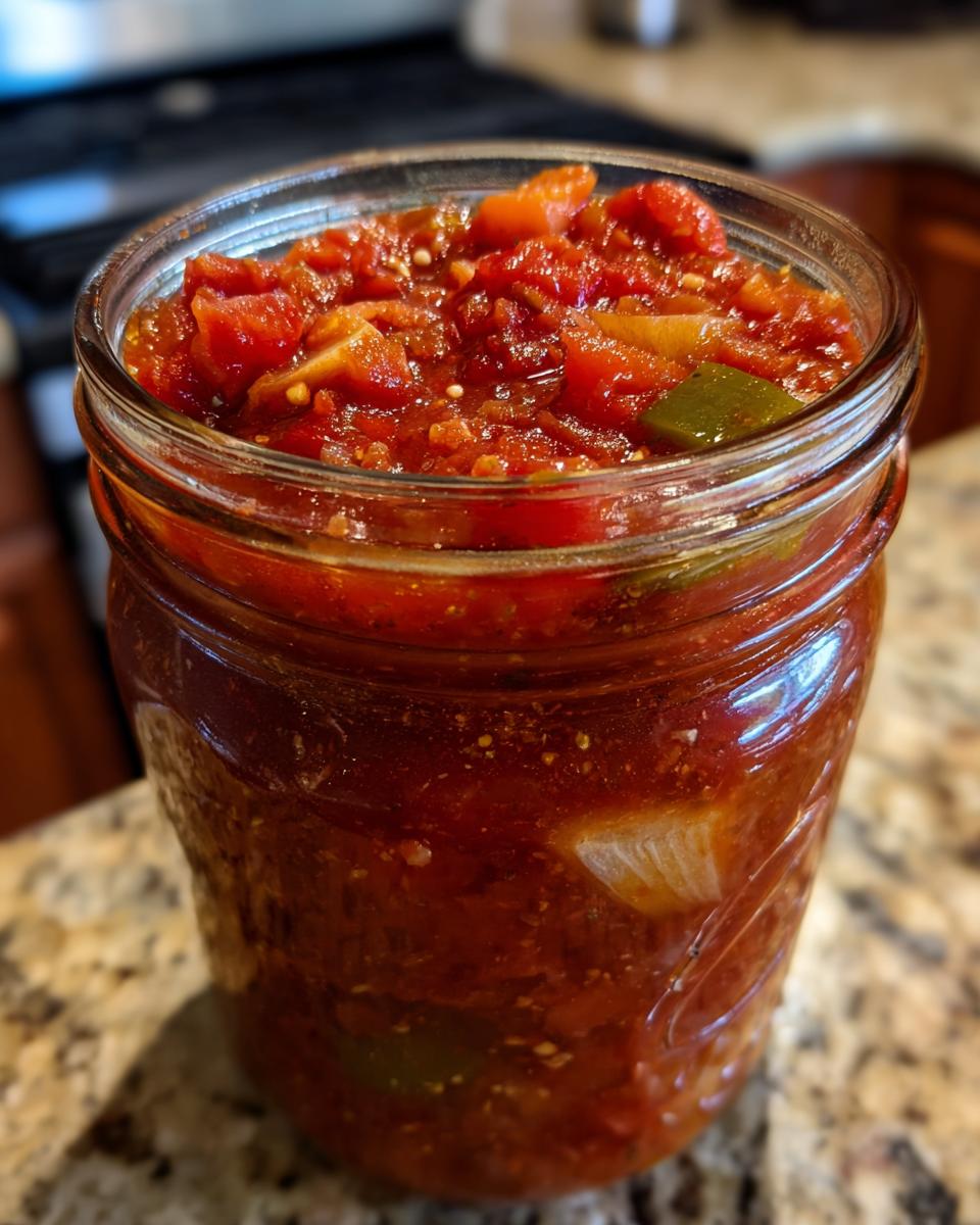 A close-up of a glass jar filled with homemade tomato salsa, ready for canning.