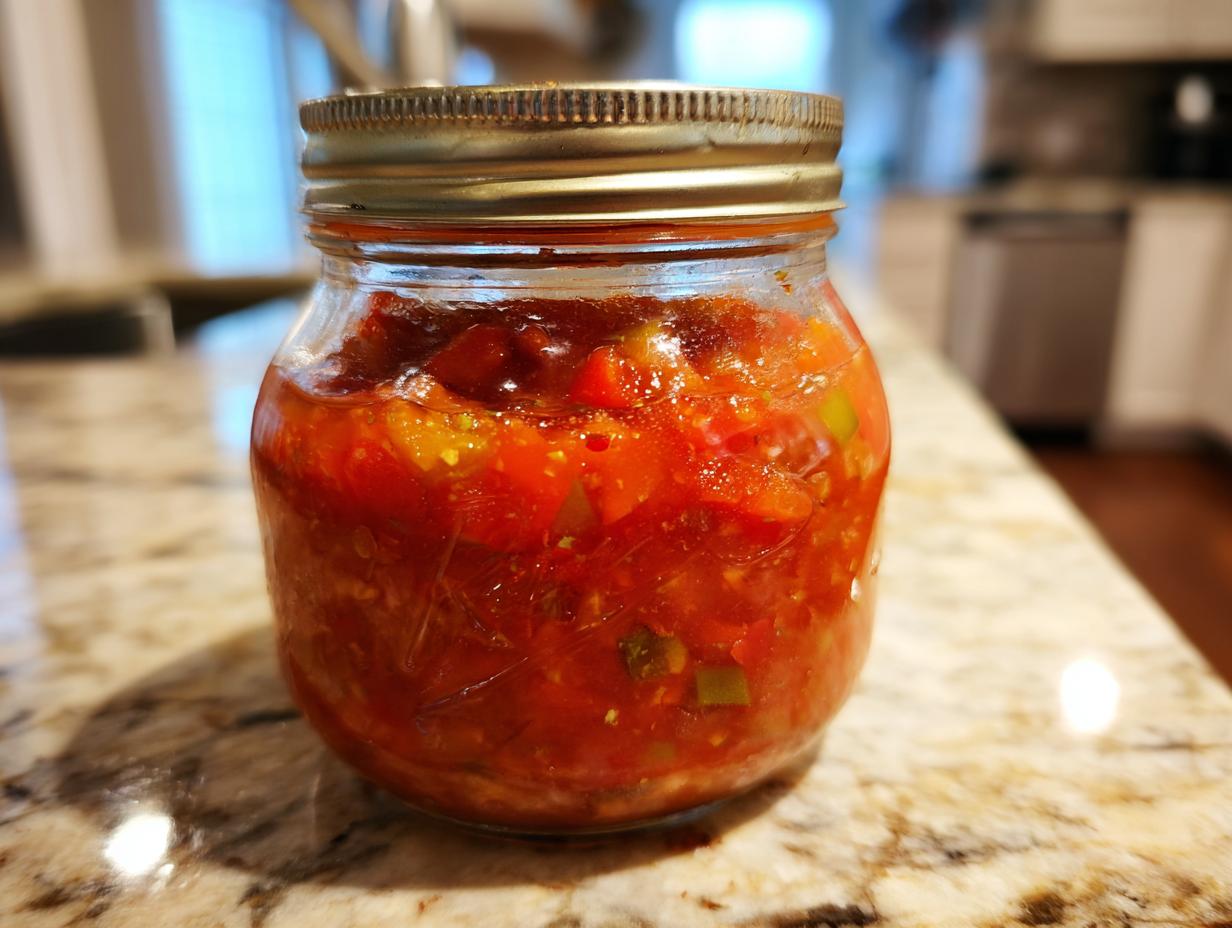 A close-up of a glass jar filled with vibrant, chunky tomato salsa, ready for canning.