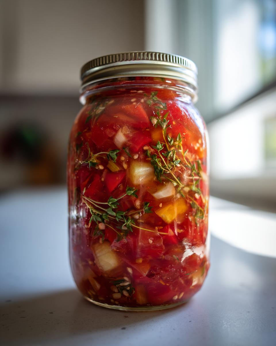 Close-up of a glass jar filled with chopped tomatoes, onions, peppers, and herbs for a tomato salsa canning recipe.