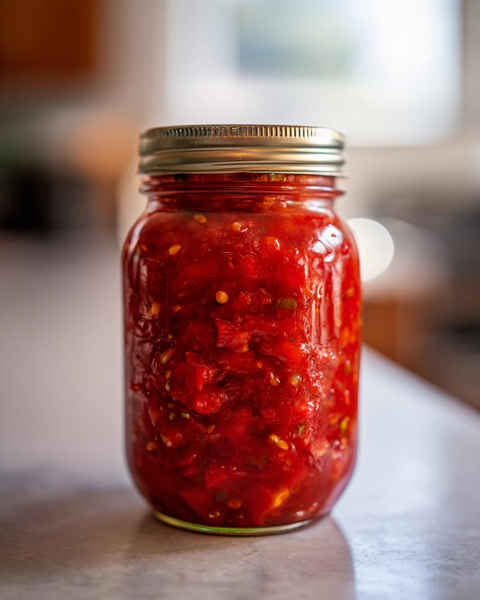 A full jar of homemade tomato salsa, ready for canning, with visible chunks of tomatoes and spices.