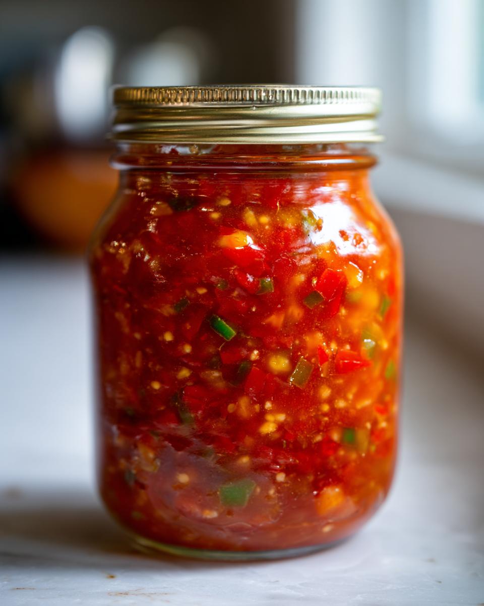 Close-up of a glass jar filled with vibrant, chunky tomato salsa, ready for canning.
