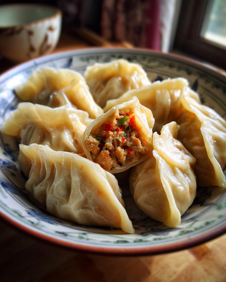 A close-up of a bowl filled with Traditional Chinese Dumplings, one is cut open to reveal the savory filling.