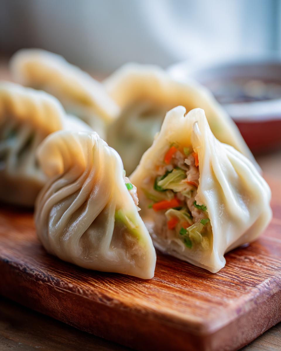 Close-up of Traditional Chinese Dumplings filled with minced pork, cabbage, and carrots, served on a wooden board.
