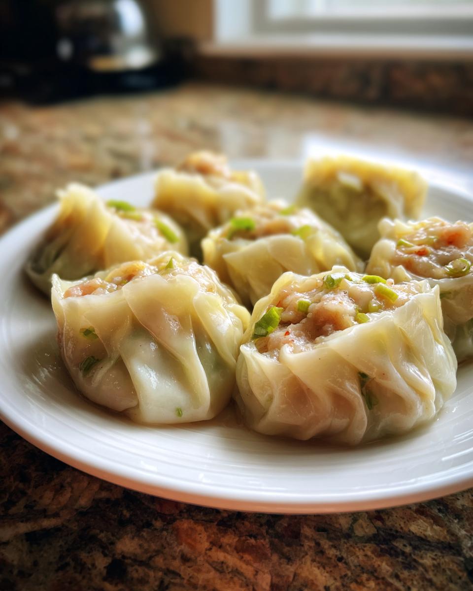 A plate of freshly steamed Traditional Chinese Dumplings, garnished with chopped green onions.