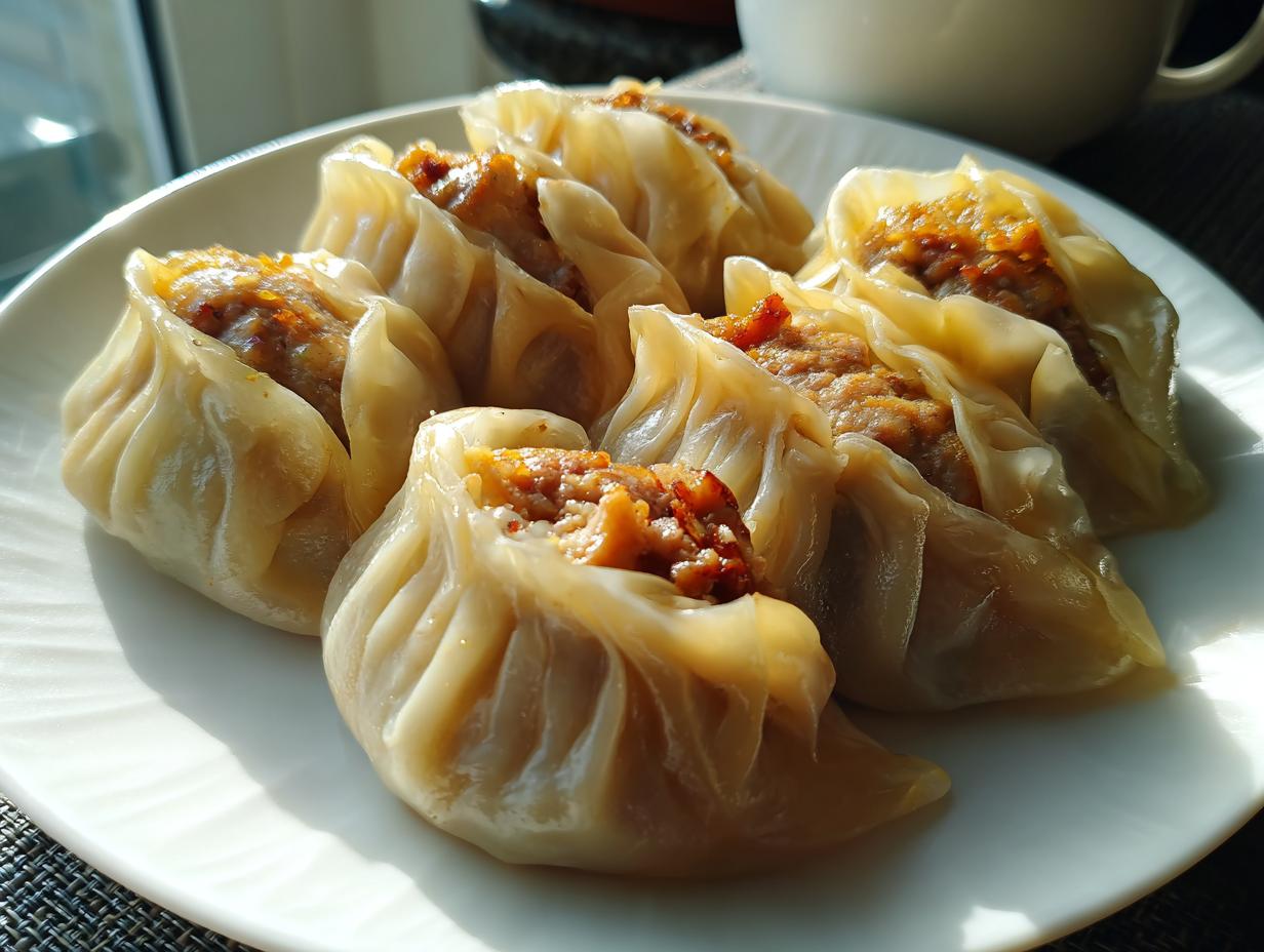 A plate of freshly made Traditional Chinese Dumplings, showcasing their delicate wrappers and savory meat filling.