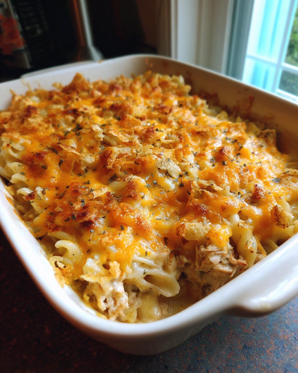 A close-up, overhead view of a freshly baked Tuna Casserole in a white baking dish, topped with melted cheese and breadcrumbs.