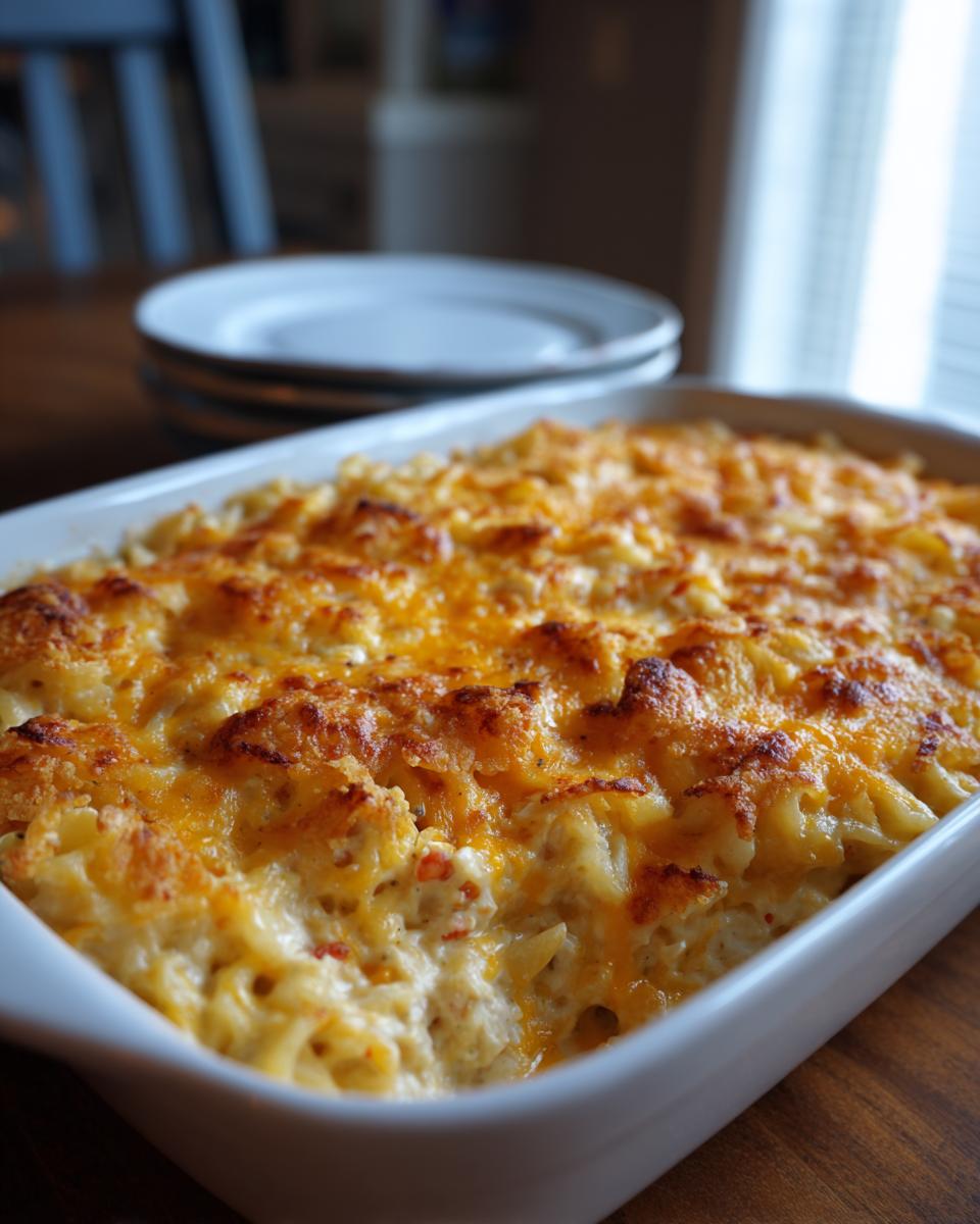 Close-up of a freshly baked Tuna Casserole in a white baking dish, with melted golden cheese topping.