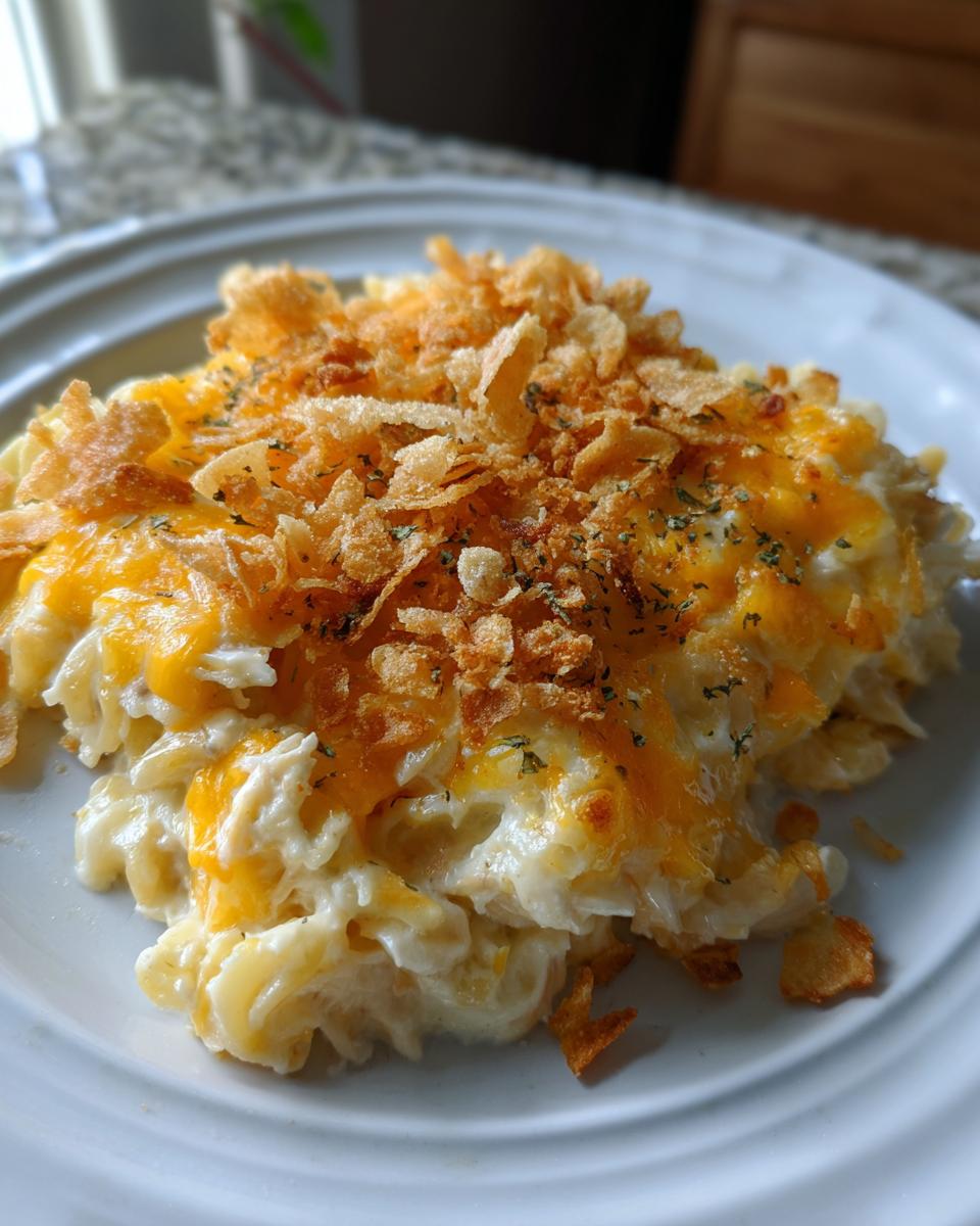 Close-up of a serving of creamy Tuna Casserole topped with melted cheese and crispy fried onions.