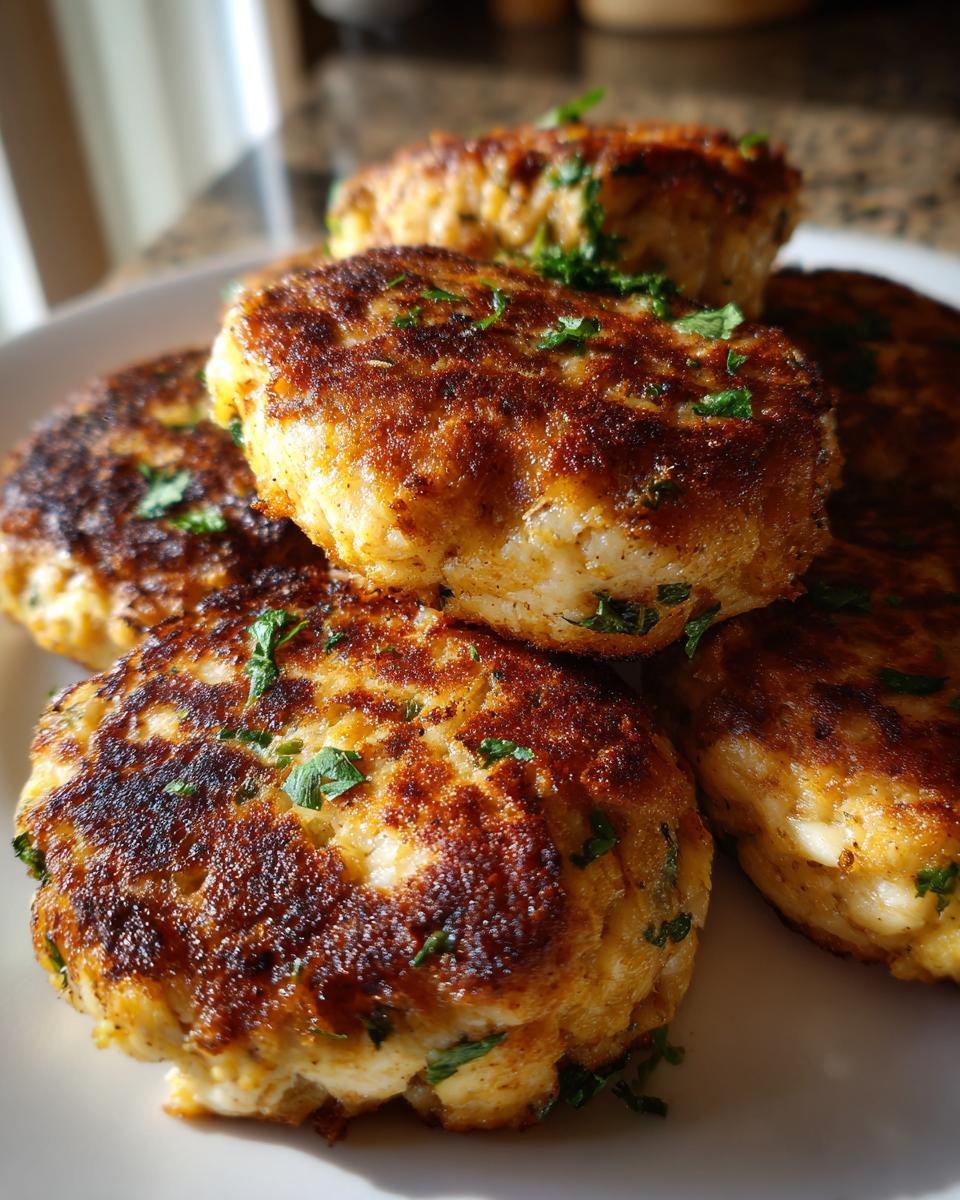 A close-up of several golden-brown tuna patties, garnished with fresh parsley, stacked on a white plate.